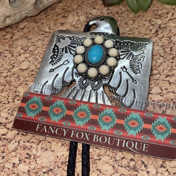 Unique Thunderbird T-Bird White Blue Turquoise Concho Lariat Bolo Tie Wedding - Picture 9 of 16